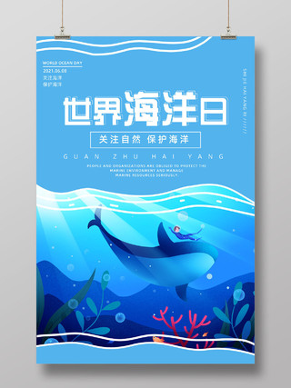 蓝色手绘简约唯美海底世界世界海洋日海报